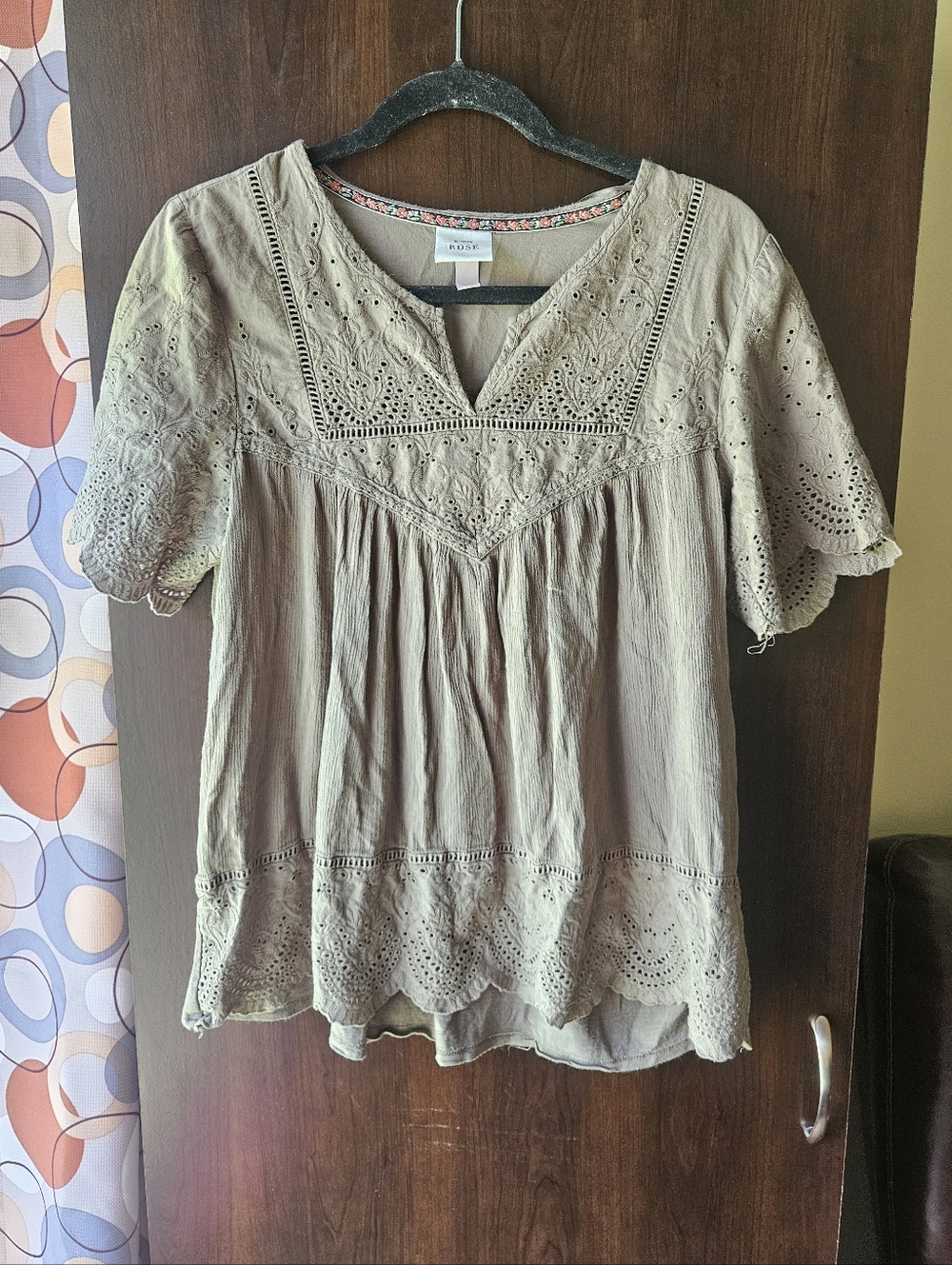 Knox Rose Olive Green Eyelet Peasant Blouse Size Large